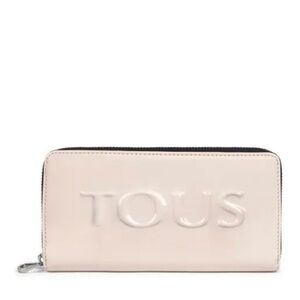 Tous Cream Leather Wallet with Embossed Logo and Zipper Closure